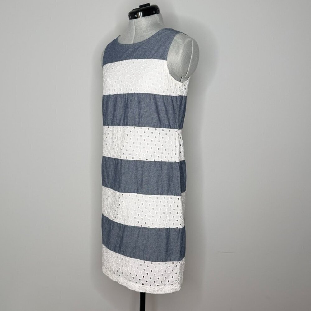 Talbot's Chambray and White Eyelet Striped Shift Dress | Size 8P - Picture 2 of 8
